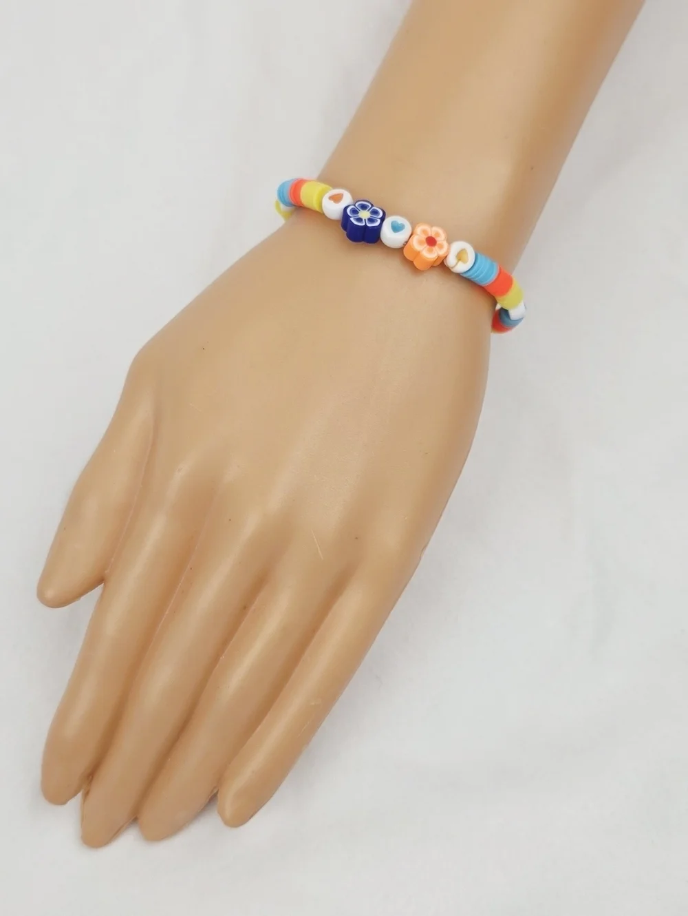 Handmade Clay Bead Multi Color Flower Heart Bracelet
